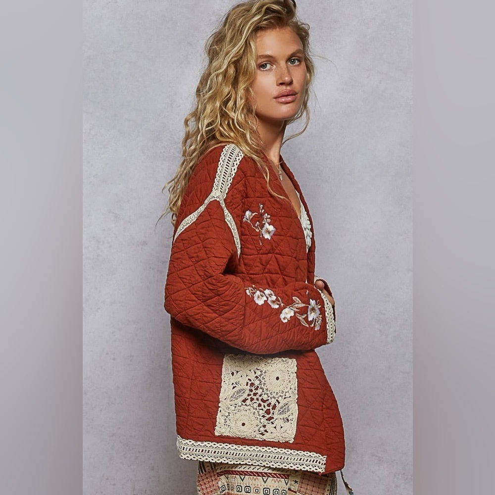 NEW POL Brick Red Quilted Embroidered Jacket Boho Cottagecore Floral Size Medium - Picture 2 of 6